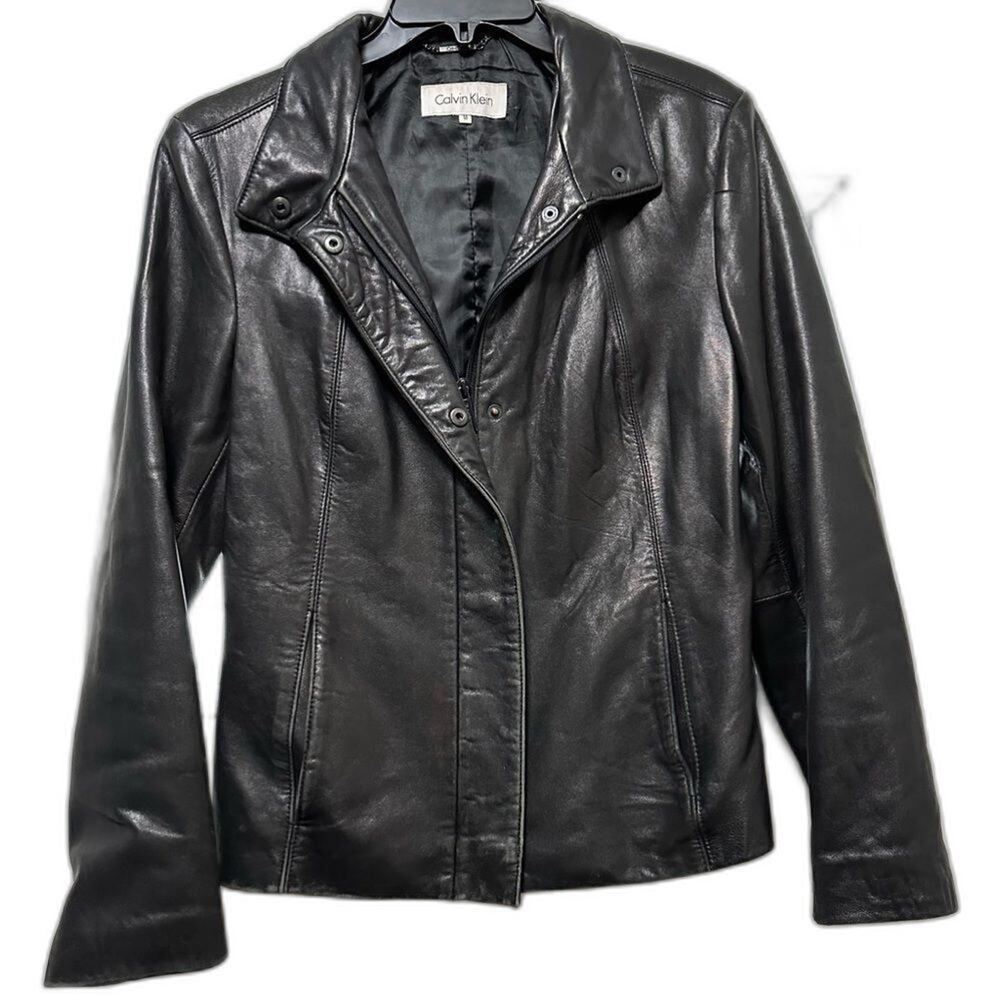 Calvin Klein Vintage Leather Coat Slim Style Black Jacket Motorcycle Size M